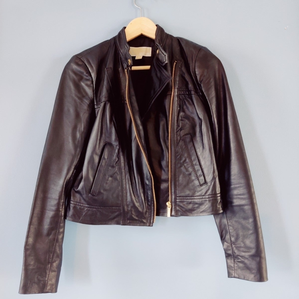 Michael Kors Black Leather Jacket Fitted Silhouette Full Front Zipper